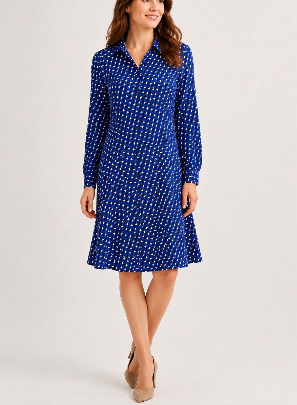 Boden NWT Pocket Detail Shirt Dress Blue Geometric ECOVERO Midi Size 12